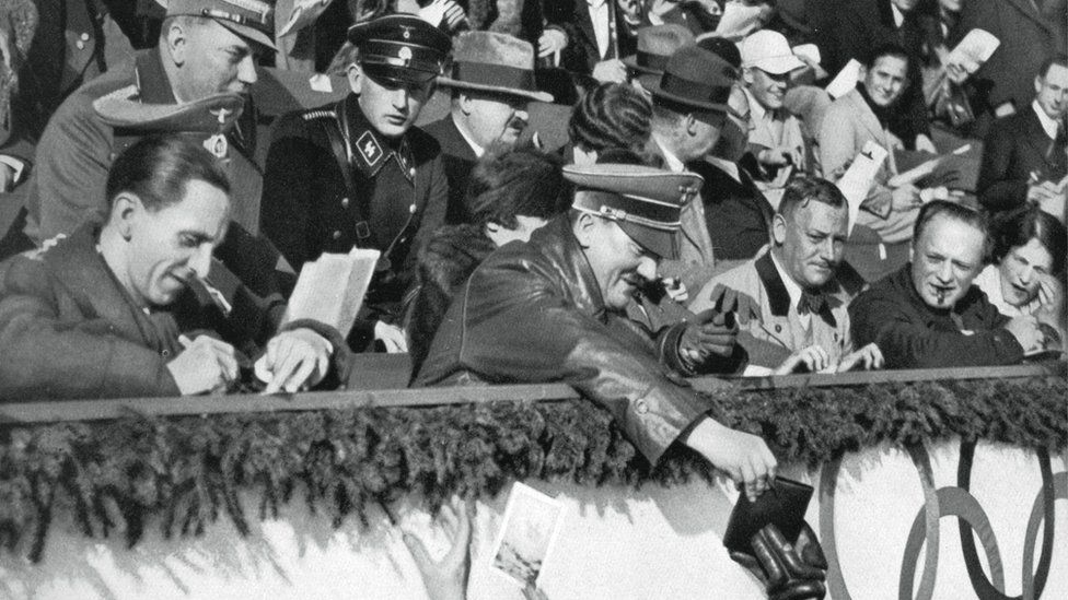 Adolf Hitler signs autographs, Winter Olympic Games, Garmisch-Partenkirchen, Germany, 1936