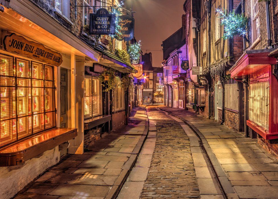 An evening view of the Shambles streets in York, England
