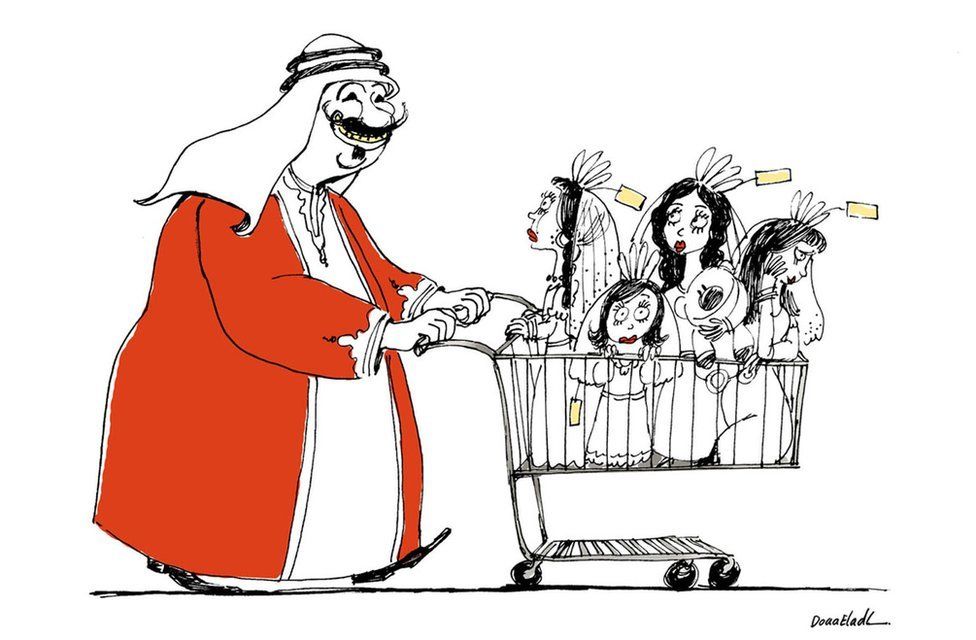 Cartoon by Doaa El Adl of Arab man pushing shopping trolley full of women