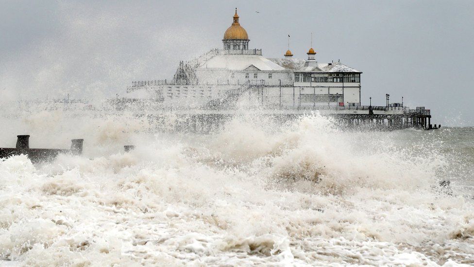 Waves crash near the pier in Eastbourne, East Sussex, as winds of up to 70mph are expected along the coast during the next 36 hours along with up to 90mm of rain as Storm Francis hit the UK.
