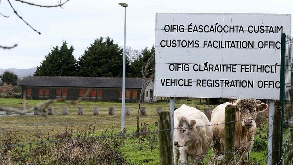 A sign near the site of a disused Irish border vehicle registration and customs facilitation office outside Dundalk