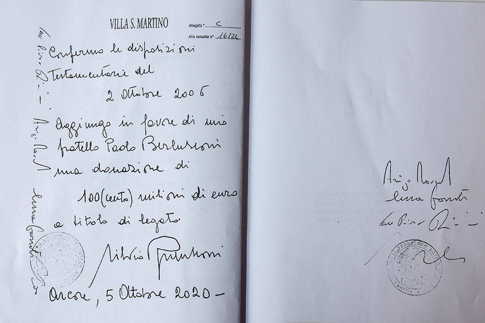 A photocopy of the handwritten will of former Italian Prime Minister Silvio Berlusconi, dated October 5, 2020, provided by his solicitor, in Milan, Italy, July 6, 2023