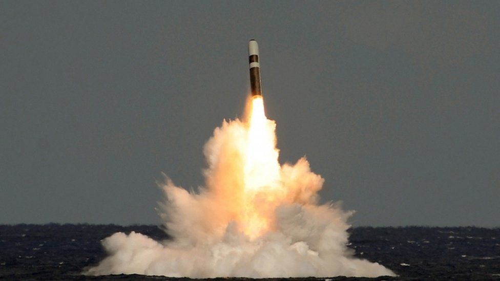 A video grab showing an unarmed Trident II (D5) ballistic missile fired by HMS Vigilant during a test launch in the Atlantic Ocean