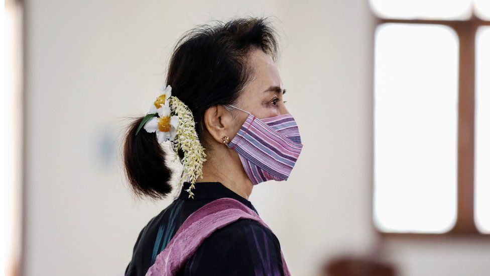 Aung San Suu Kyi, seen here at a coronavirus vaccination clinic in January, Naypyitaw, Myanmar