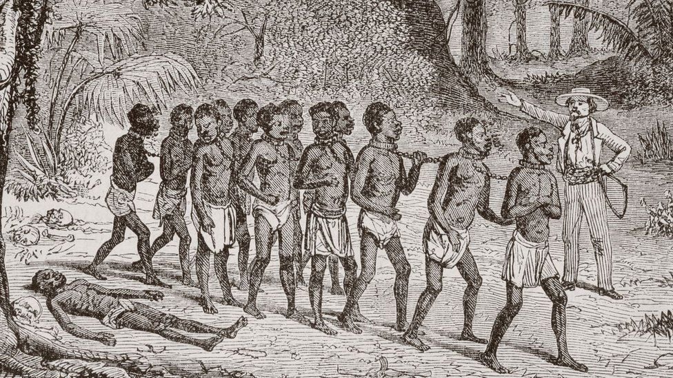 A Group Of Captured Africans Being Led Away By A White Slaver. From L'univers Illustre Published In Paris In 1868.