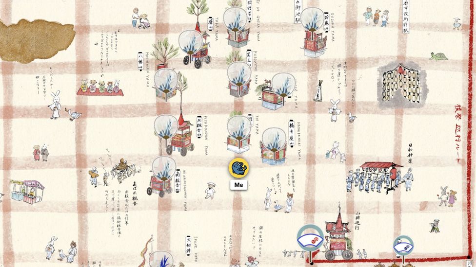 A screenshot from Stroly's online map of the Gion Matsuri