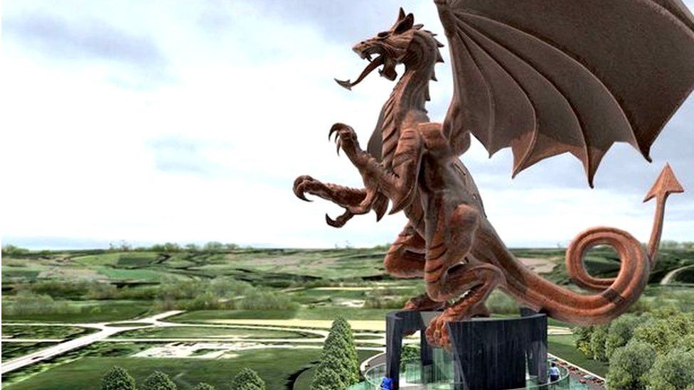 Artist impression of dragon sculpture and tower proposed for Chirk