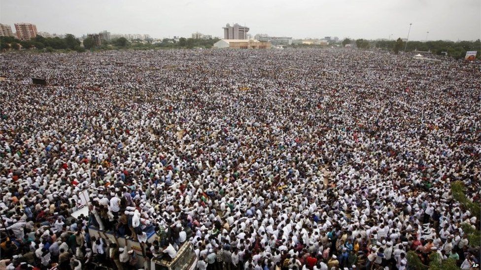 Tens of thousands of protestors from Gujarat’s Patel community participate in a rally in Ahmadabad, India, Tuesday, Aug. 25, 2015.