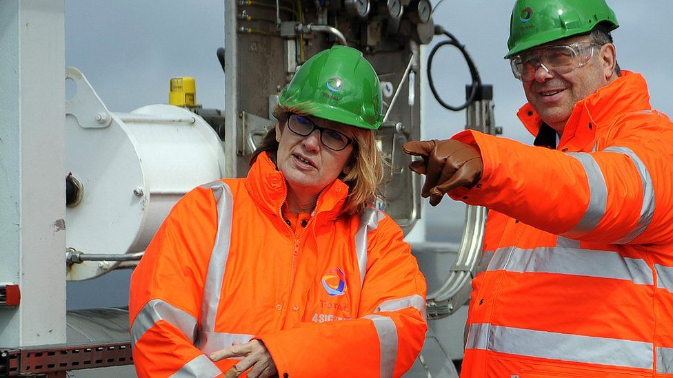 Amber Rudd as Secretary of State for Energy and Climate Change and Patrick Pouyanne, Chairman and CEO of French energy company Total visit the Shetland Gas Plant on May 16, 2016 in the Shetlands