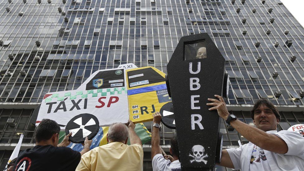 Brazilian taxi drivers protest against Uber in Rio de Janeiro