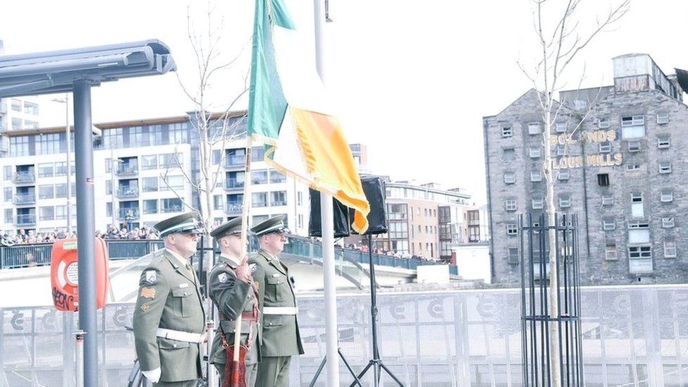 Members of the Irish Defence Forces took part in a wreath-laying ceremony at Boland's Mills in Dublin