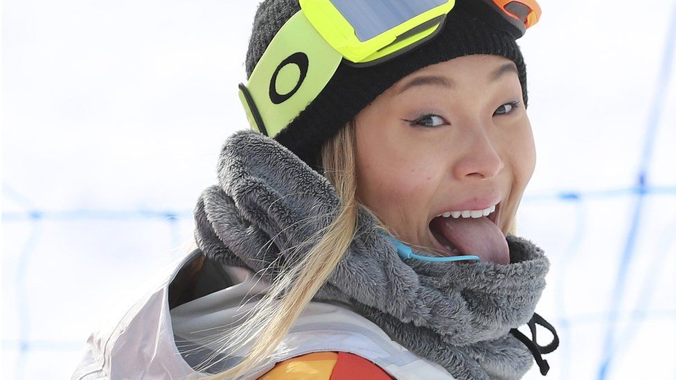 Chloe Kim reacts after her successful run at the Winter Olympics