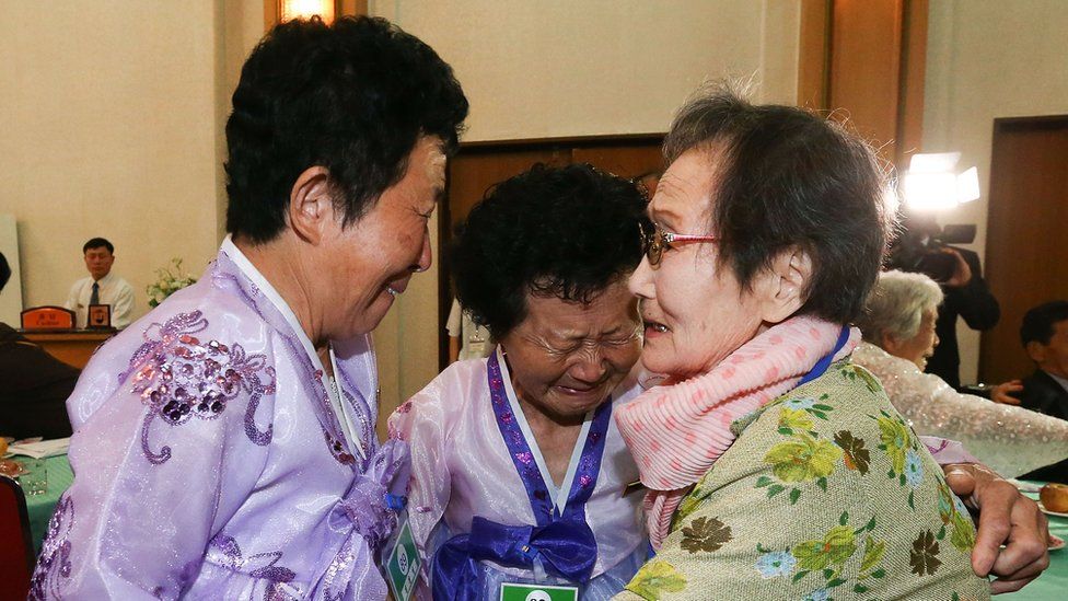 South Korean Han Shin-Ja, 99 (R), meet with her North Korean daughters Kim Kyung-Sil, 72, and Kim Kyung-Young, 71,
