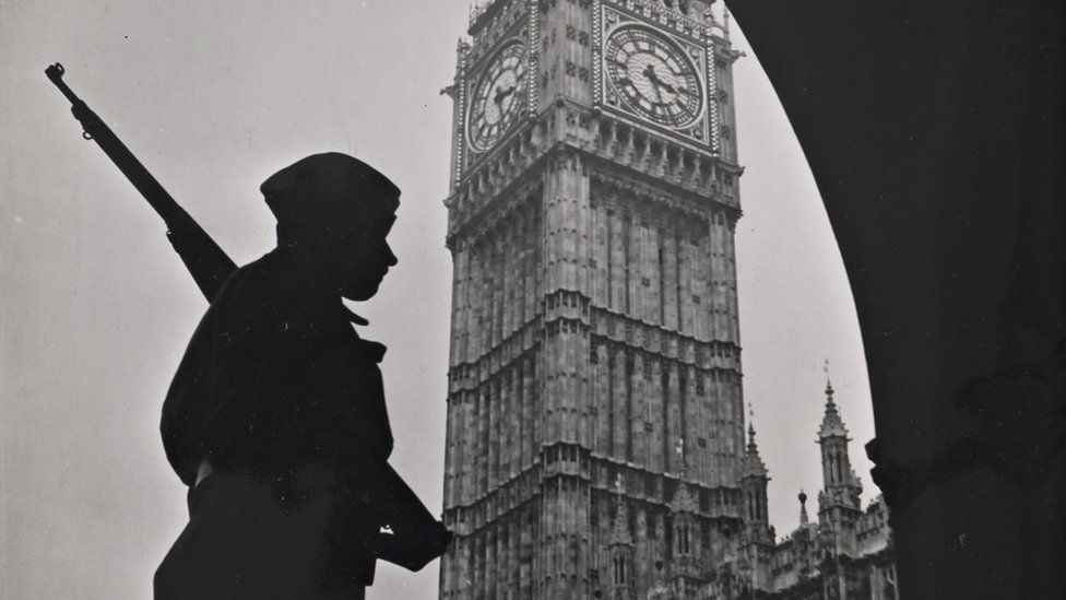 A picture of a soldier outside Big Ben in the early 1940s