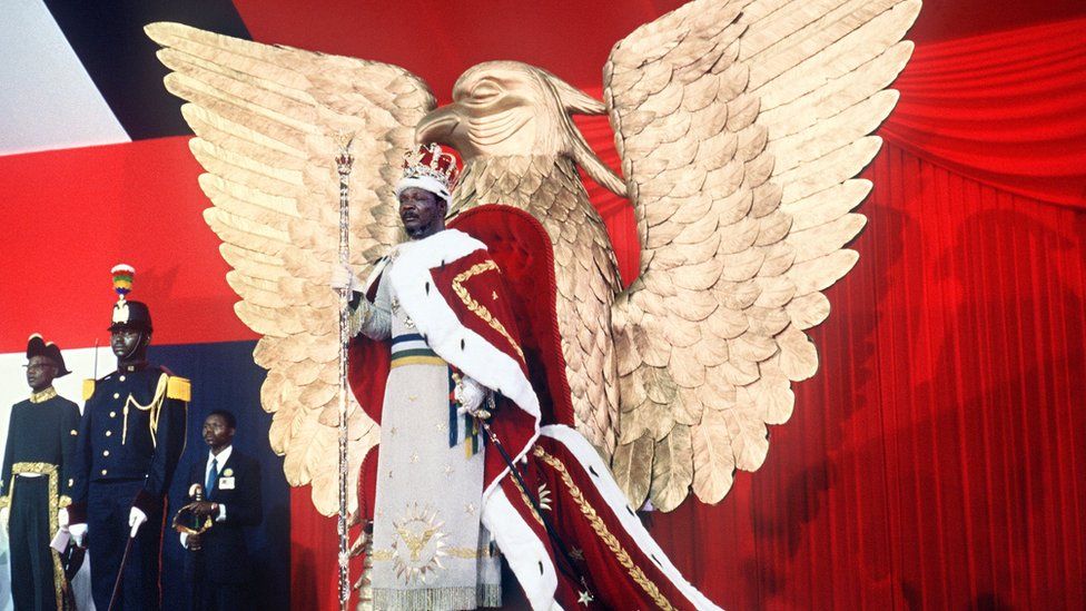 The self-proclaimed Emperor of the Central African Empire, Jean-Bedel Bokassa, stands on the throne after crowning himself, 04 December 1977 in Bangui, following Napoleon"s example.