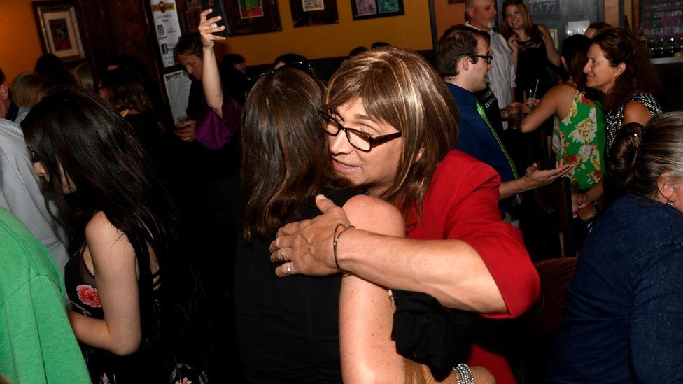 Vermont Democratic Party gubernatorial primary candidate Christine Hallquist, a transgender woman, attends her election night party