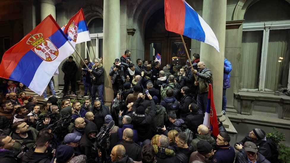 Supporters of the opposition Serbia Against Violence (SPN) protest in front of Belgrade city hall