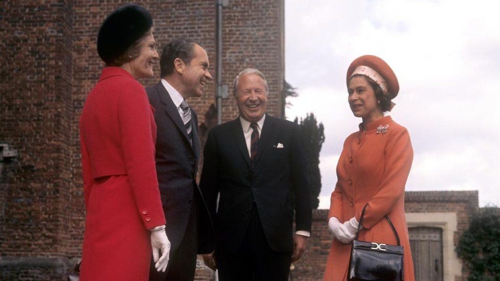Queen Elizabeth II with Prime Minister Edward Heath and American President Richard Nixon and his wife Pat Nixon at Chequers, the official country residence of the Prime Minister in Buckinghamshire