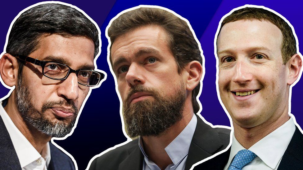 A three-part composite shows Sundar Pichai, Jack Dorsey and Mark Zuckerberg