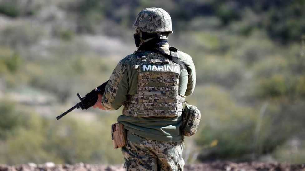 A member of the Mexican Navy stands guard upon the landing of Air Force helicopters at La Mora ranch, in Bavispe, Sonora state on 11 January 2020