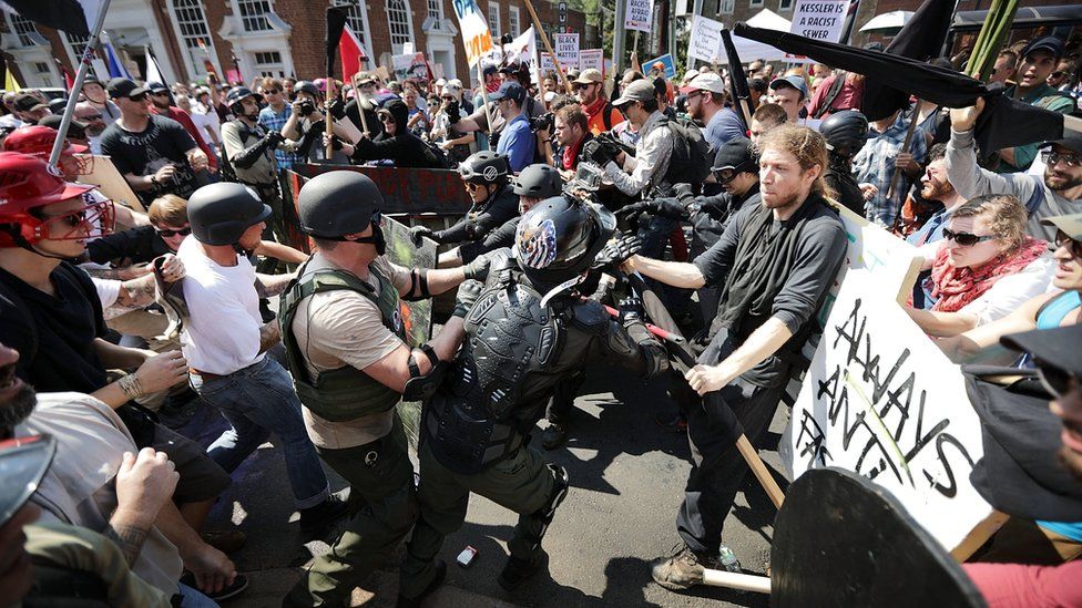 White nationalists, neo-Nazis and members of the "alt-right" clash with counter-protesters in Charlottesville on 12 August, 2017