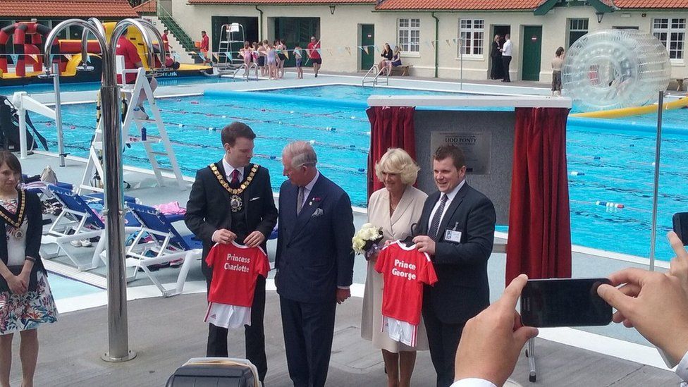 Rhondda Cynon Taf council leader Andrew Morgan and mayor Rhys Lewis with Prince Charles and the Duchess of Cornwall at Pontypridd lido