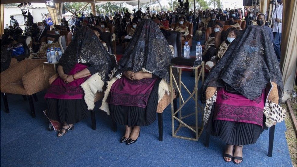 The King"s wives grieve during the memorial for the late Zulu monarch, King Goodwill Zwelithini at the KwaKhethomthandayo Royal Palace in Nongoma, South Africa, 18 March 2021.