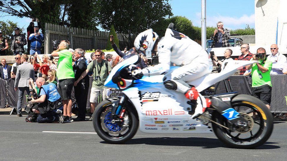 TT competitor Michael Rutter races past on his motorbike at the Isle of Man TT on June 6, 2018, Isle of Man, United Kingdom