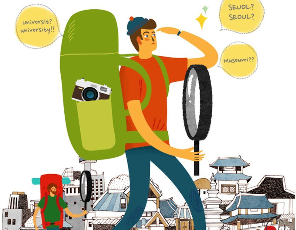 A promotional cartoon of a tourist with a giant magnifying glass spotting English errors