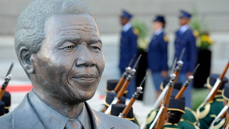 A statue depicting former President Nelson Mandela during a ceremony ahead of the new president's state of the union address in Cape Town on 16 February 2018