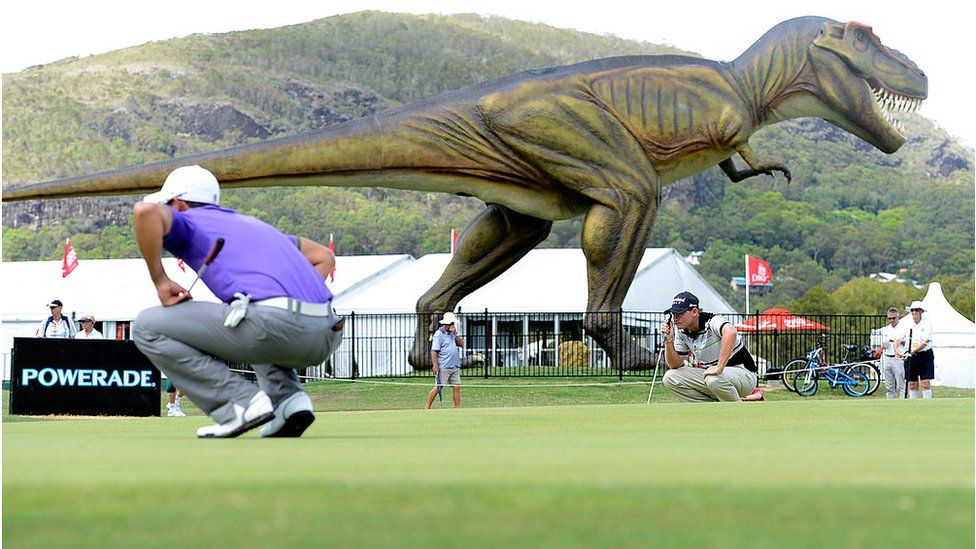 Jeff the T. rex stands over the ninth hole at Palmer Coolum Resort