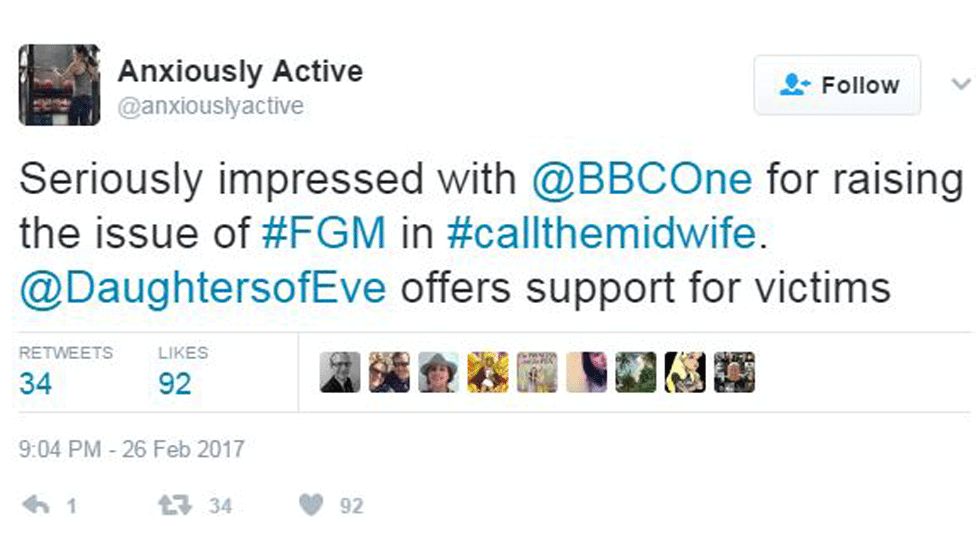 Seriously impressed with @BBCOne for raising the issue of #FGM in #callthemidwife. @DaughtersofEve offers support for victims