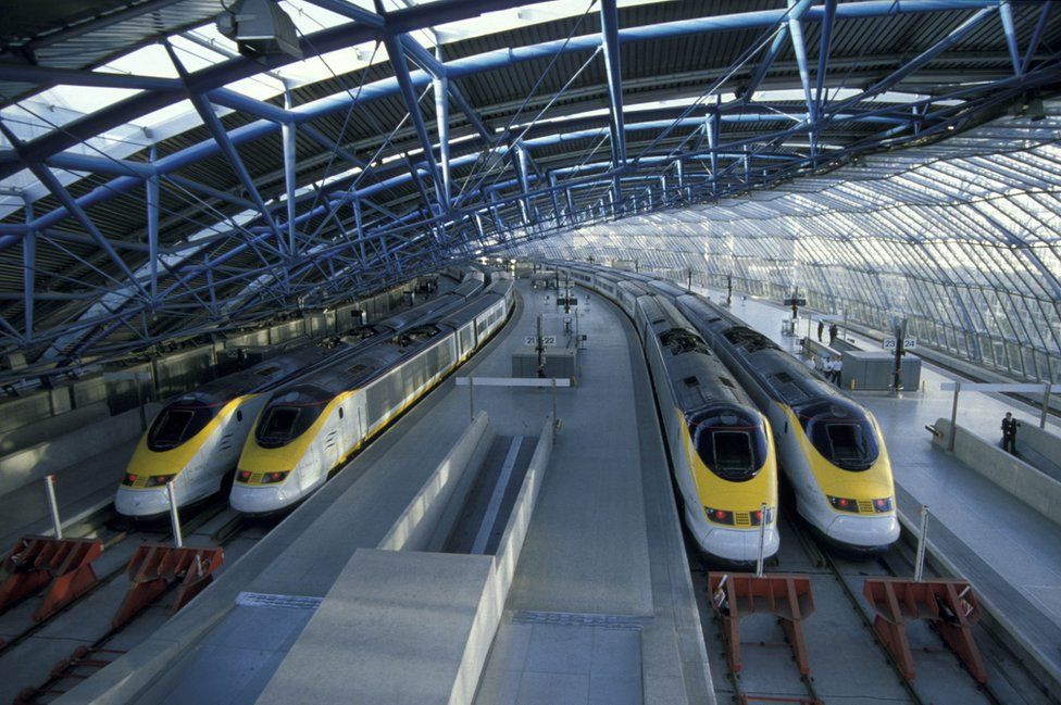 Four Eurostar trains at London's Waterloo International Station in 1996