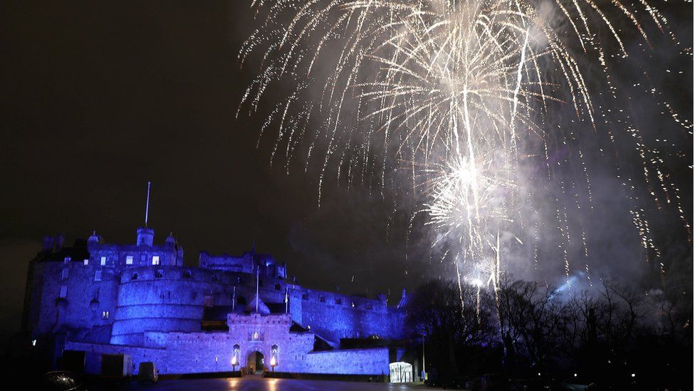 Fireworks during Hogmanay New Year celebrations in Edinburgh