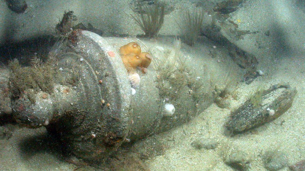 A bronze cannon in situ in Area D, wreck of the first-rate warship HMS Victory.