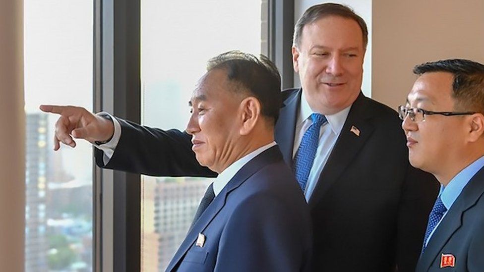 handout photograph from US Department of State shows Kim Yong-chol (L), vice chairman of North Korea, during his meeting with US Secretary of State Mike Pompeo (C) on May 30, 2018 in New York