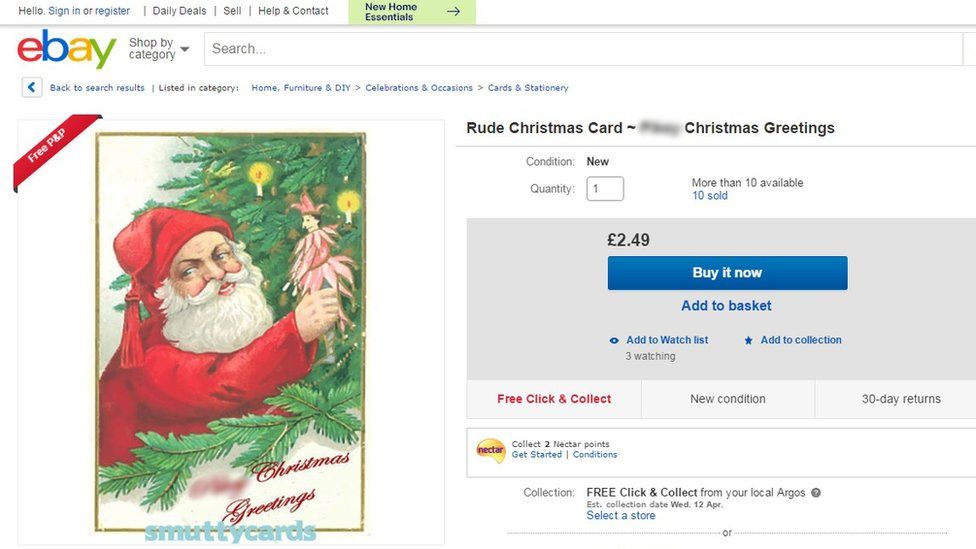 eBay screengrab of Santa stealing decorations Christmas card