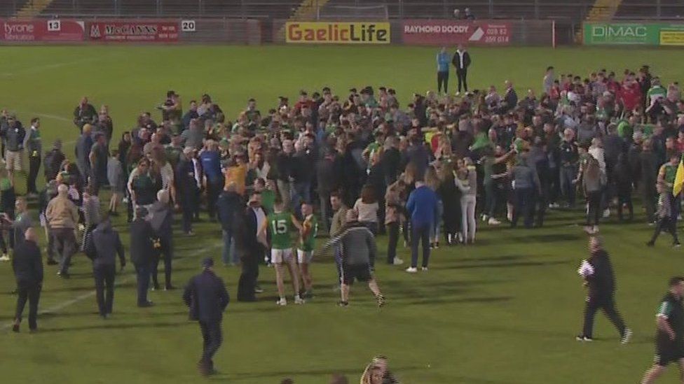 Crowds came onto the pitch after Dungannon Clarkes won their first Tyrone Football title in 64 years