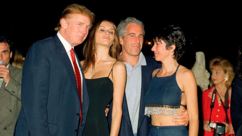 From left, Donald Trump and now-wife Melania Trump, Jeffrey Epstein, and Ghislaine Maxwell pose together at Mar-a-Lago, 12 February, 2000