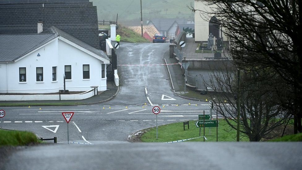 A police cordon at a crossroads near the scene of the crash on the Omagh Road in Garvaghy