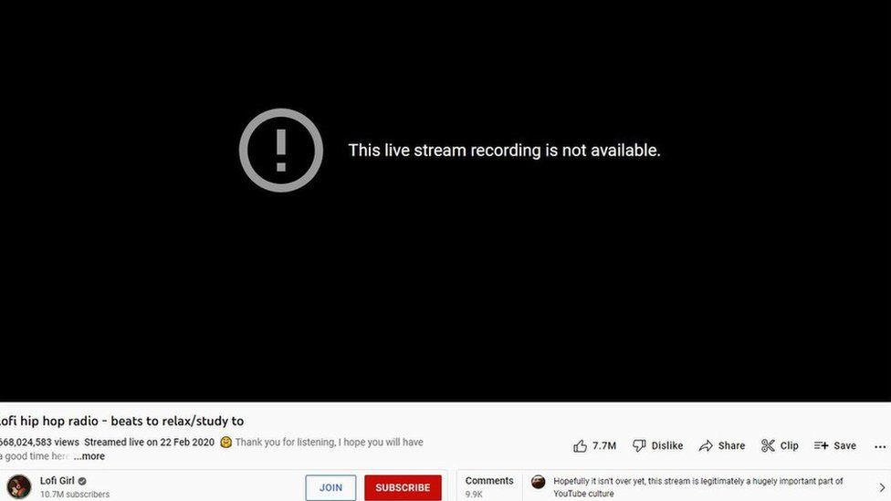 A "live stream not available" message on YouTube