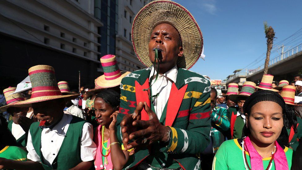 An Ethiopian man from the Alaba region dances during the Irreecha celebration