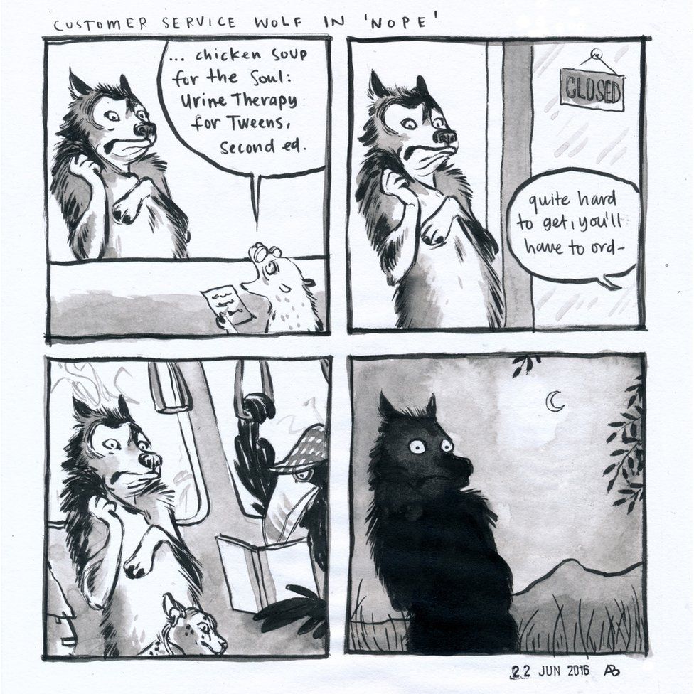 A four panel comic. The first panel has a small creature looking at a piece of paper and saying: "Chicken Soup for the Soul: Urine Therapy for Tweens, second ed." The wolf worker's reaction is one of sheer unadulterated horror. The second panel shows the wolf still in the same pose while the creature is out of sight, saying: "Quite hard to get, you'll have to ord-" The third panel shows the wolf on the commute along with a crow and a cheetah's face. It still looks shocked. The fourth panel is the wolf at night still in the same pose of shock