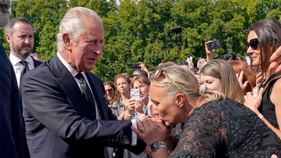 King Charles has his hand kissed by a member of the public