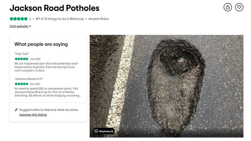 TripAdvisor listing for "Jackson Road Potholes"