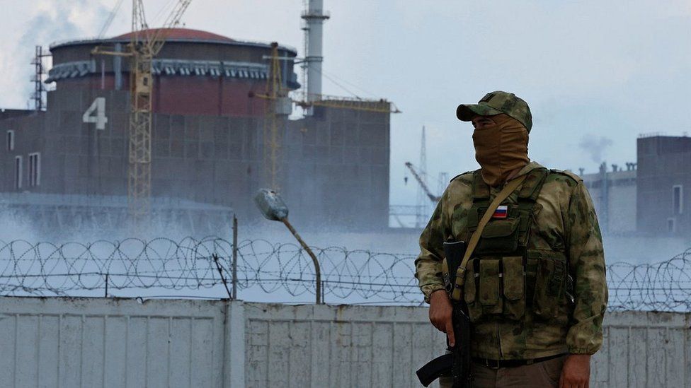 A Russian guard at Zaporizhzhia nuclear plant, 4 Aug 22