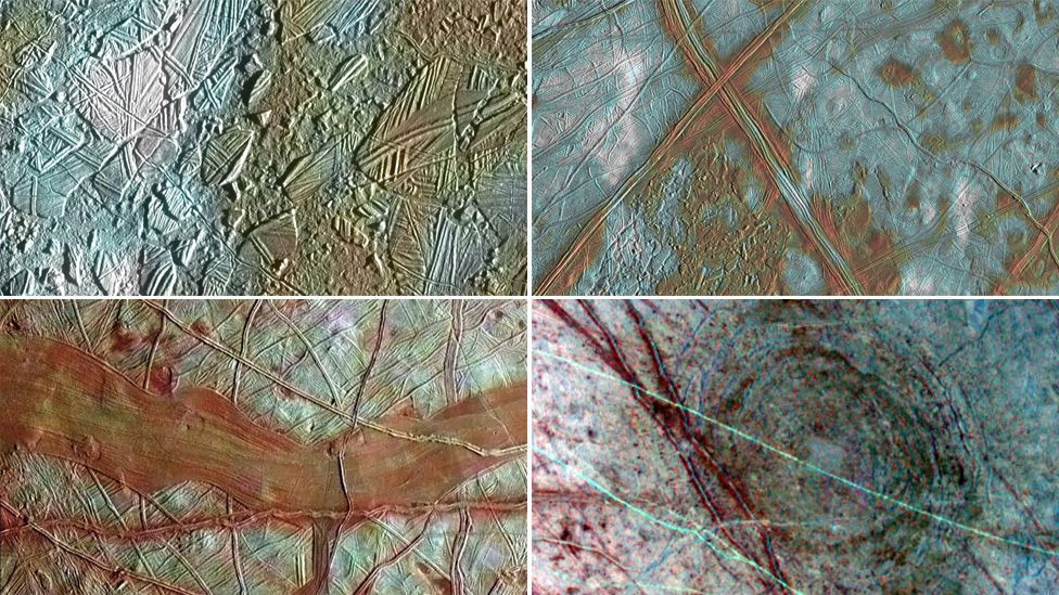 Four views of Europa's surface