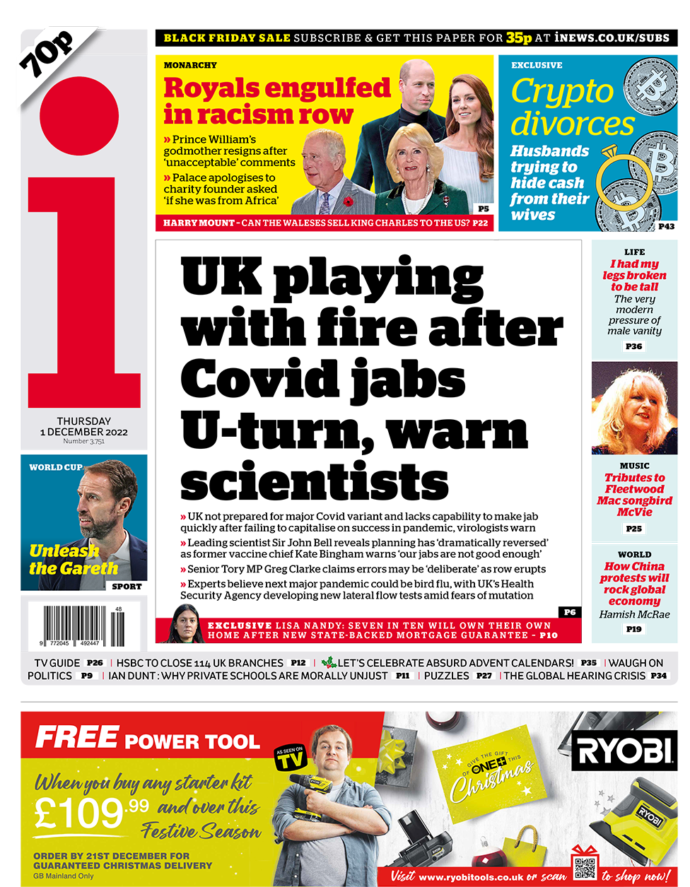 Заголовок на первой странице газеты i гласит: 'Великобритания играет с огнем предупредите ученых после ударов Covid о развороте