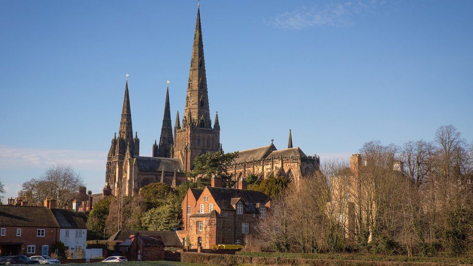 Lichfield cathedral pictured from a short distance away
