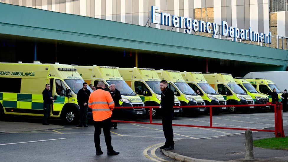 Ambulance parked outside Aintree University Hospital in Liverpool
